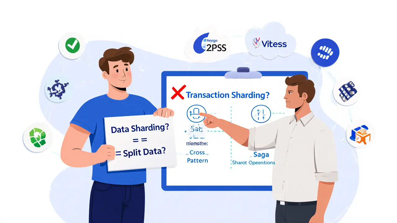 Entwickler vergleicht Data Sharding mit dem Mythos Transaction Sharding, während echte Lösungen wie Saga-Muster gezeigt werden.