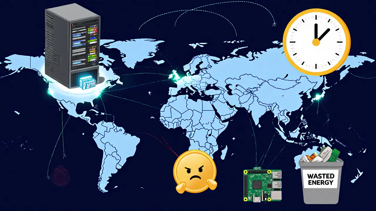 Globales Blockchain-Netzwerk mit dominierenden Servern und ausschließenden Raspberry Pi-Knoten bei schneller Blockzeit.