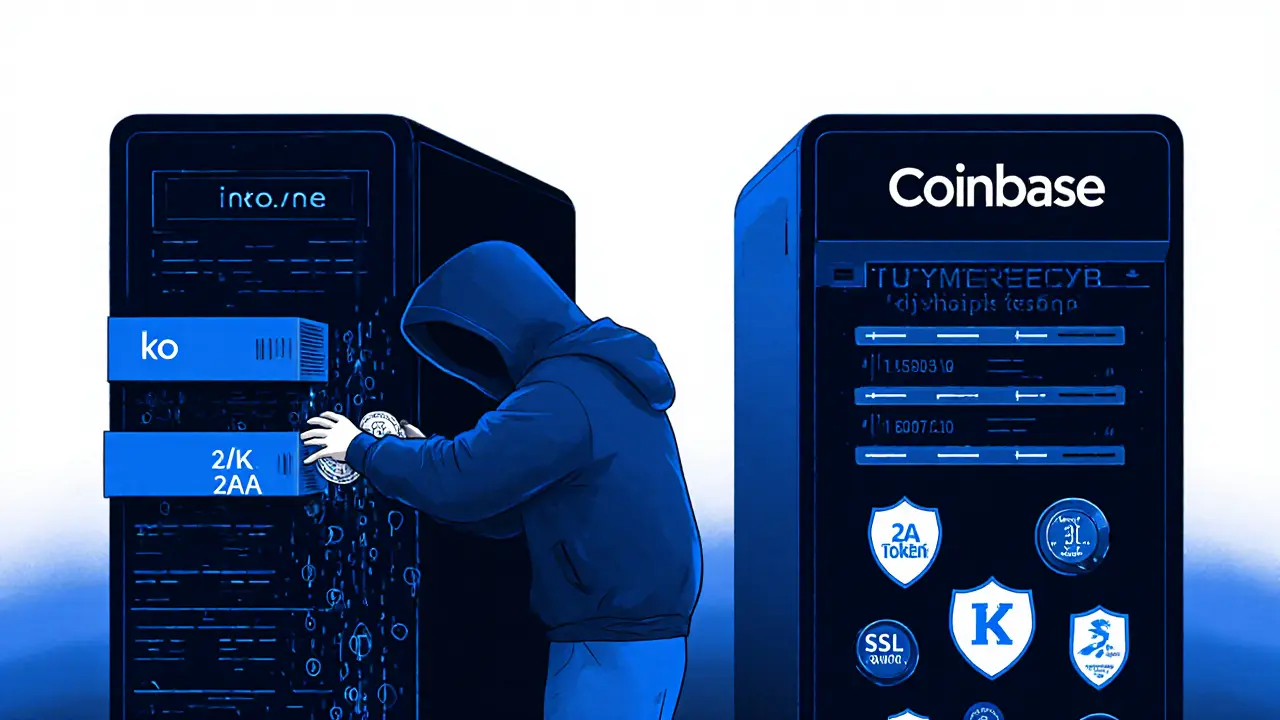 Hacker stehlen Kryptowährungen von einer unsicheren Plattform, während eine sichere Börse geschützt ist.