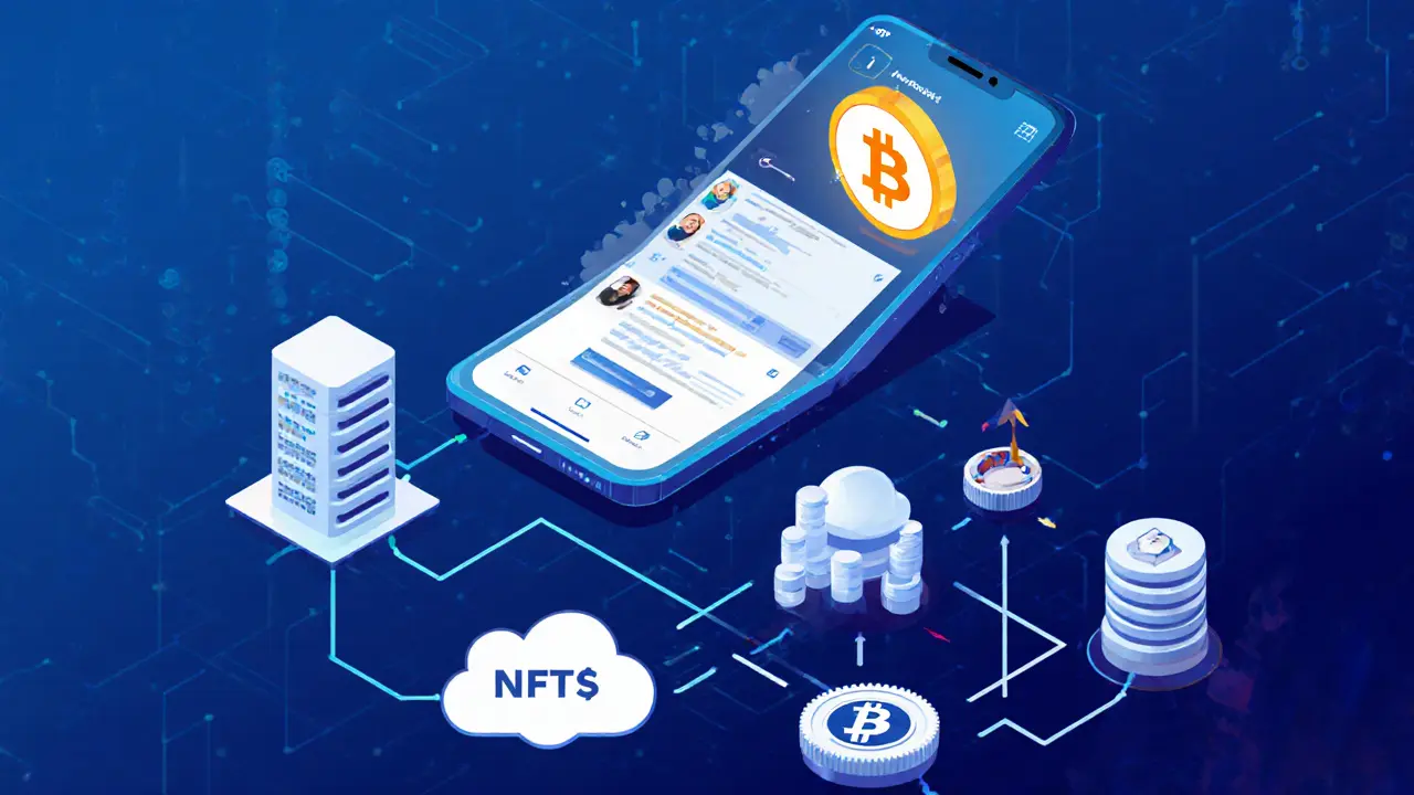 Hybrid-App mit traditionellem Interface und eingebetteter Blockchain-Funktion in einem futuristischen Szenario.