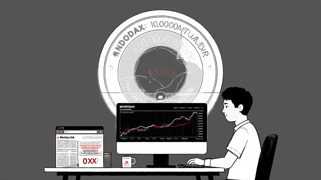 Indonesischer Trader vor Monitor mit MURA-Handelsvolumen von 0, leere Token-Schale
