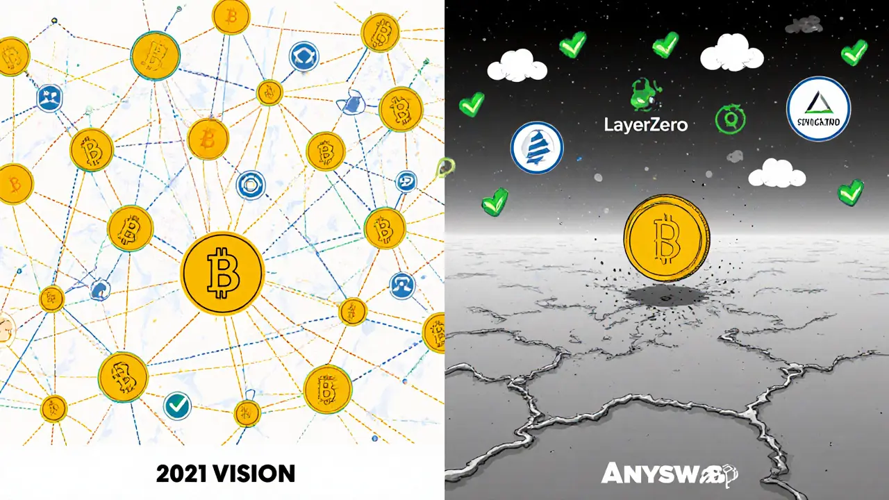 Kontrast: Frühere lebendige Cross-Chain-Verbindungen vs. heutige verlassene, graue Struktur mit verlorenem ANY-Token.