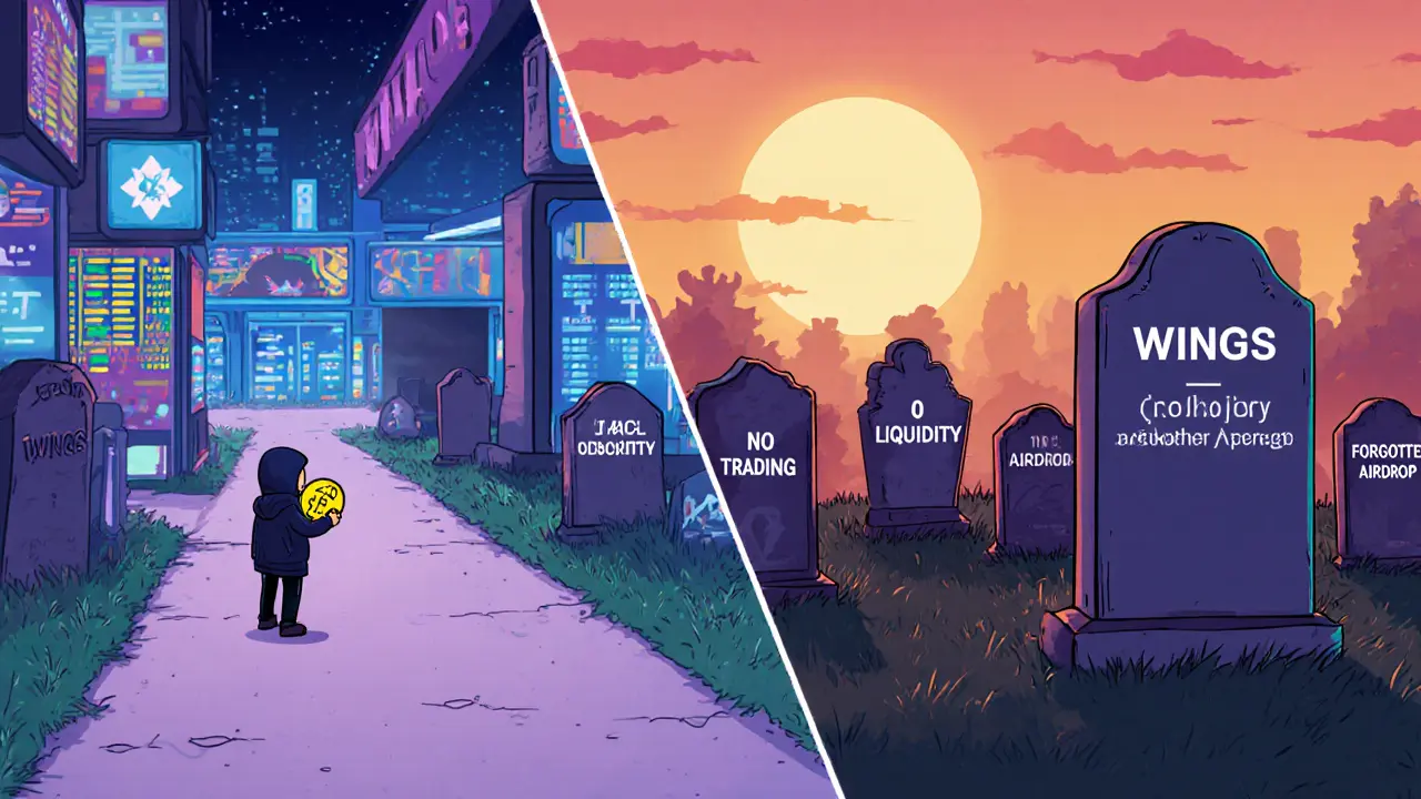 Kontrast zwischen lebendigem DeFi-Ökosystem und Friedhof toter Projekte mit WINGS-Grabstein.