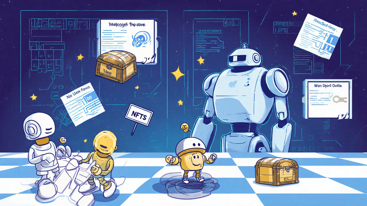 Leere Belohnungskisten und unsichtbare Spieler in einem Play-to-Earn-Spiel, während eine halb fertige KI-Maschine steht.