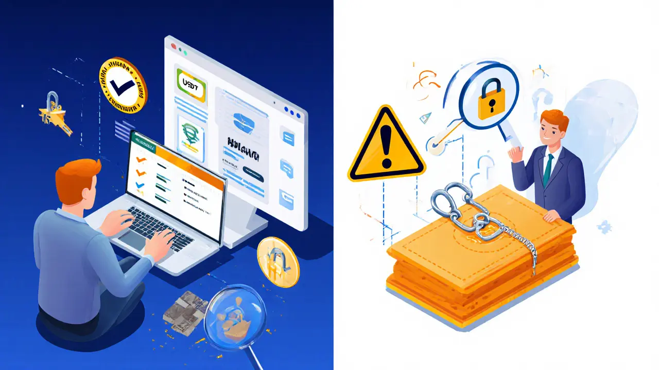 Mann sendet legal USDT über eine bolivianische Bank, während illegale Wallet-Überweisung überwacht wird.