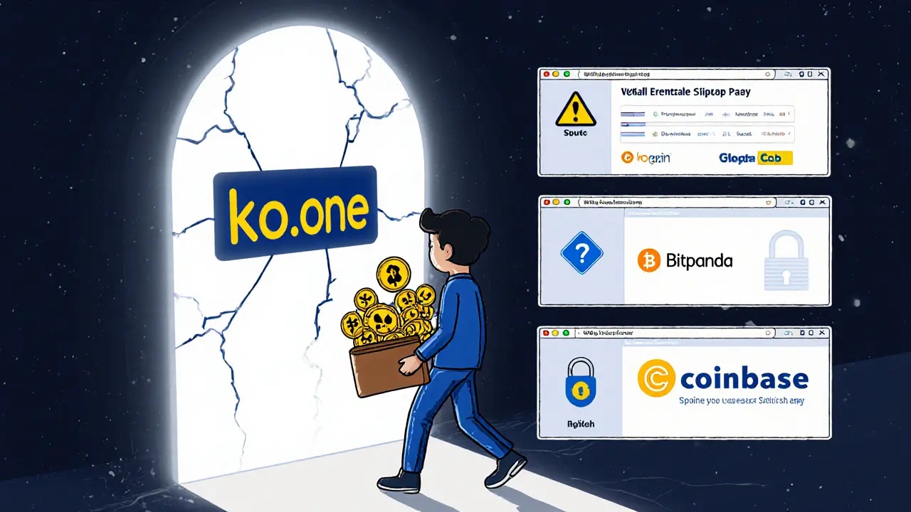 Nutzer nähert sich einer gefährlichen Kryptobörse, während sichere Alternativen im Hintergrund leuchten.