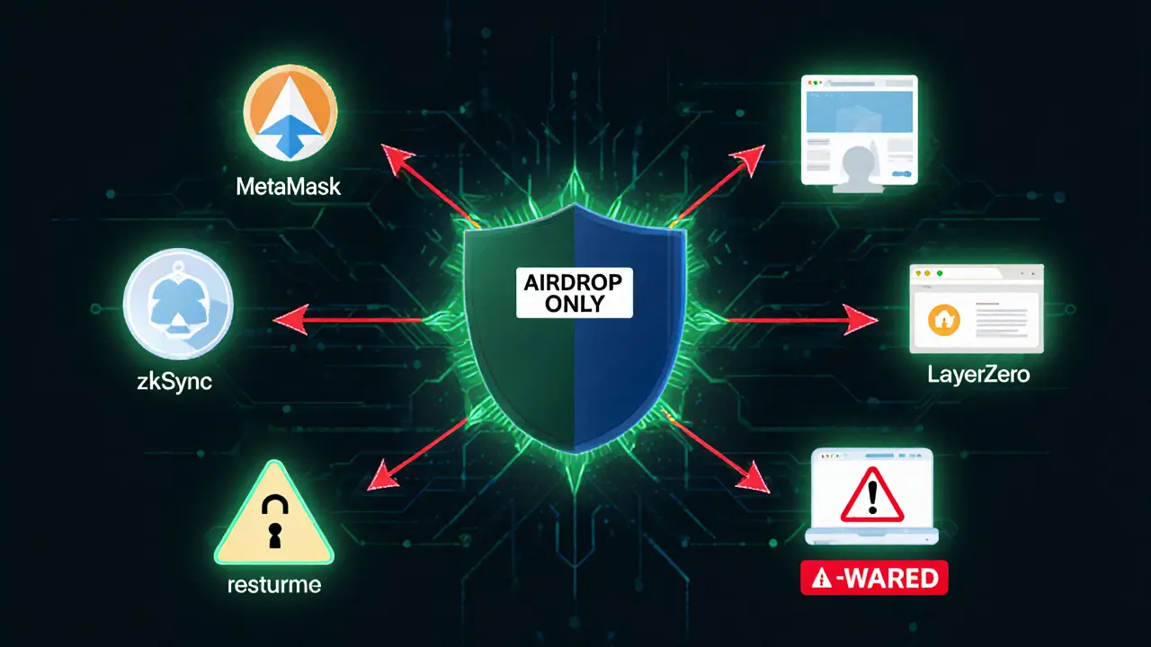 Sichere Airdrop-Wallet mit vertrauenswürdigen Plattformen, abgegrenzt von gefälschten CryptoTycoon-Links.