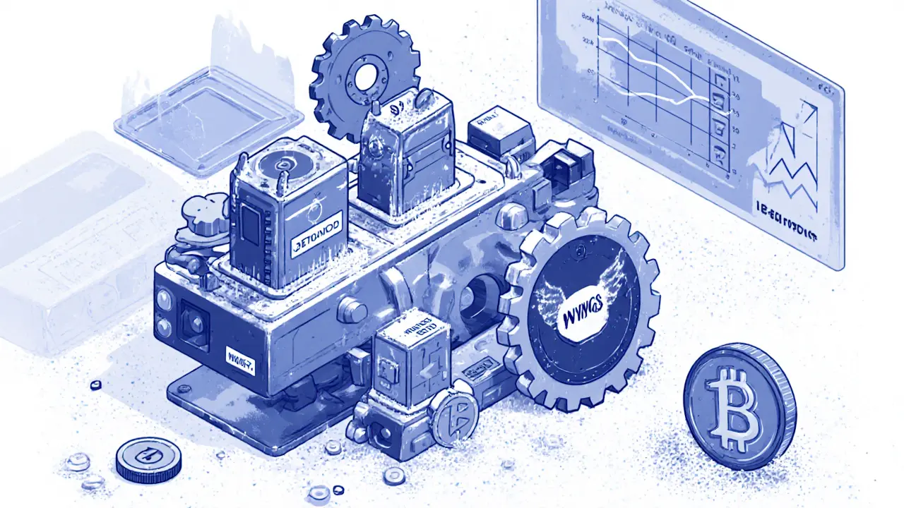 Stillgelegte DeFi-Maschine von Jetswap mit eingefrorenen Funktionen und einem wertlosen WINGS-Token auf dem Boden.