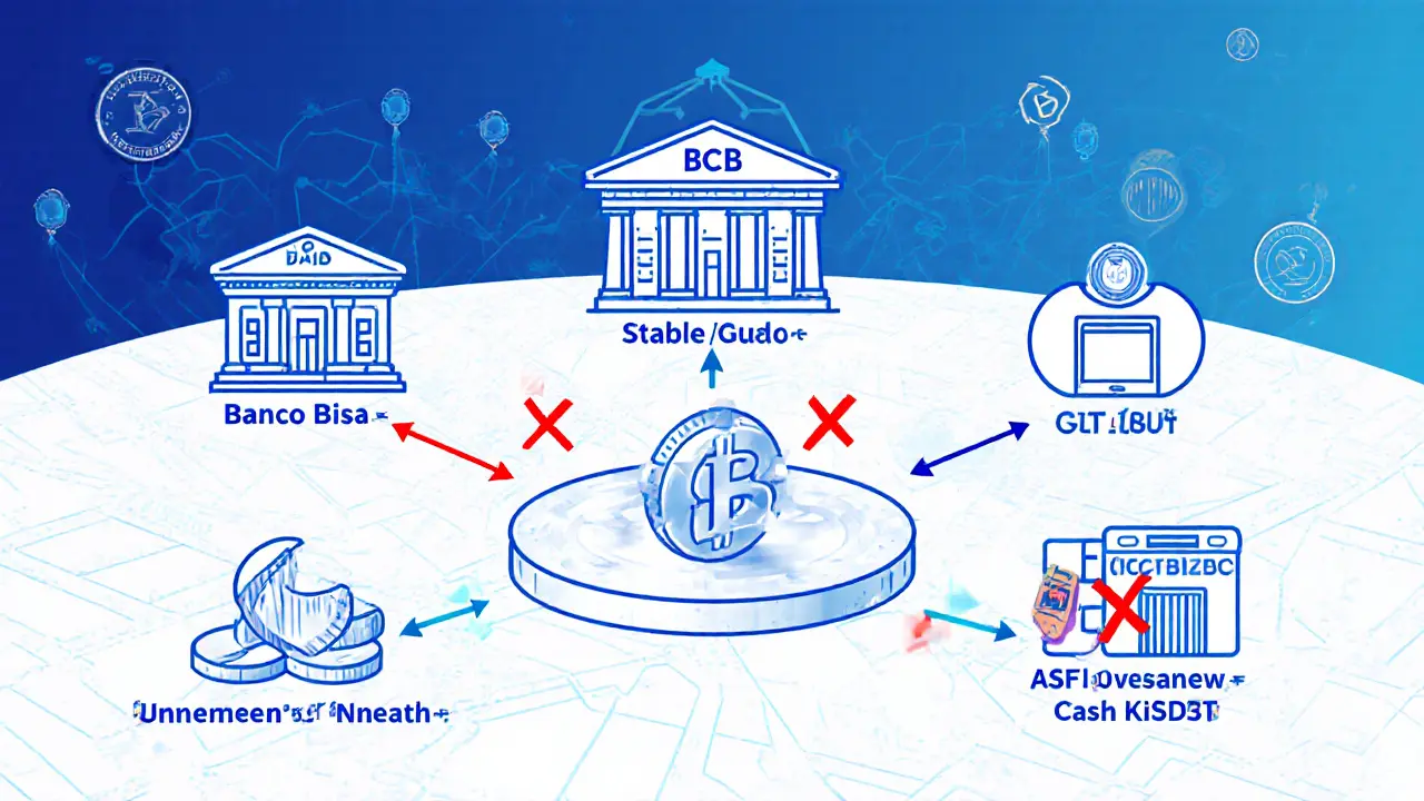 Technische Karte des bolivianischen Kryptofinanzsystems mit autorisierten Kanälen und blockierten illegalen Pfaden.