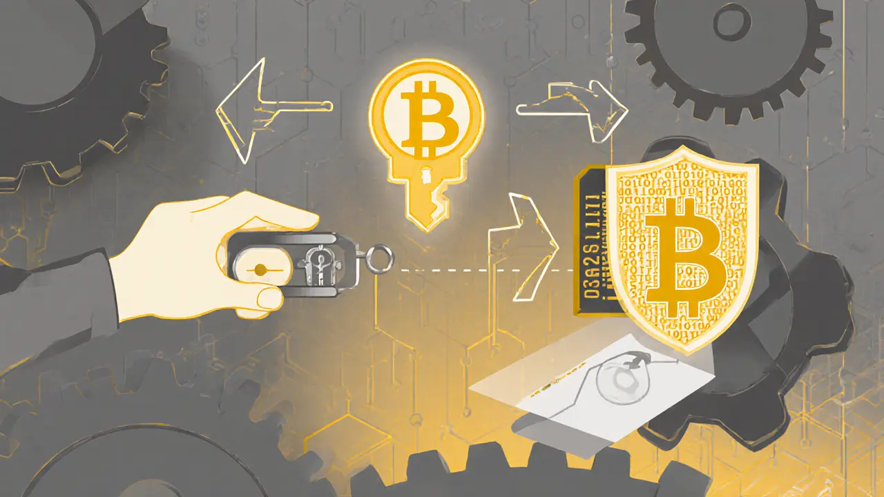 Transaktionsablauf: private Signatur, AES-Verschlüsselung und öffentlicher Schlüssel verschließen den Schlüssel für den Empfänger.