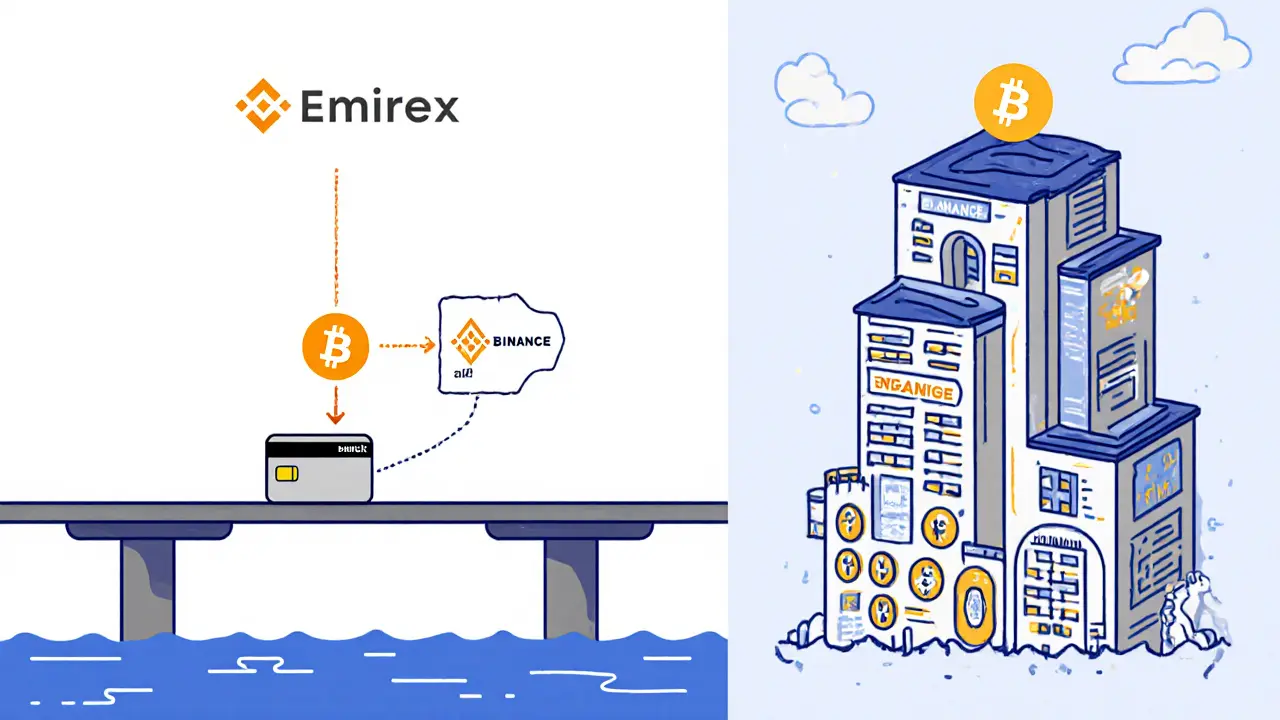 Vergleich: Einfache Emirex-Brücke vs. komplexe Binance-Plattform für Kryptowährungen.