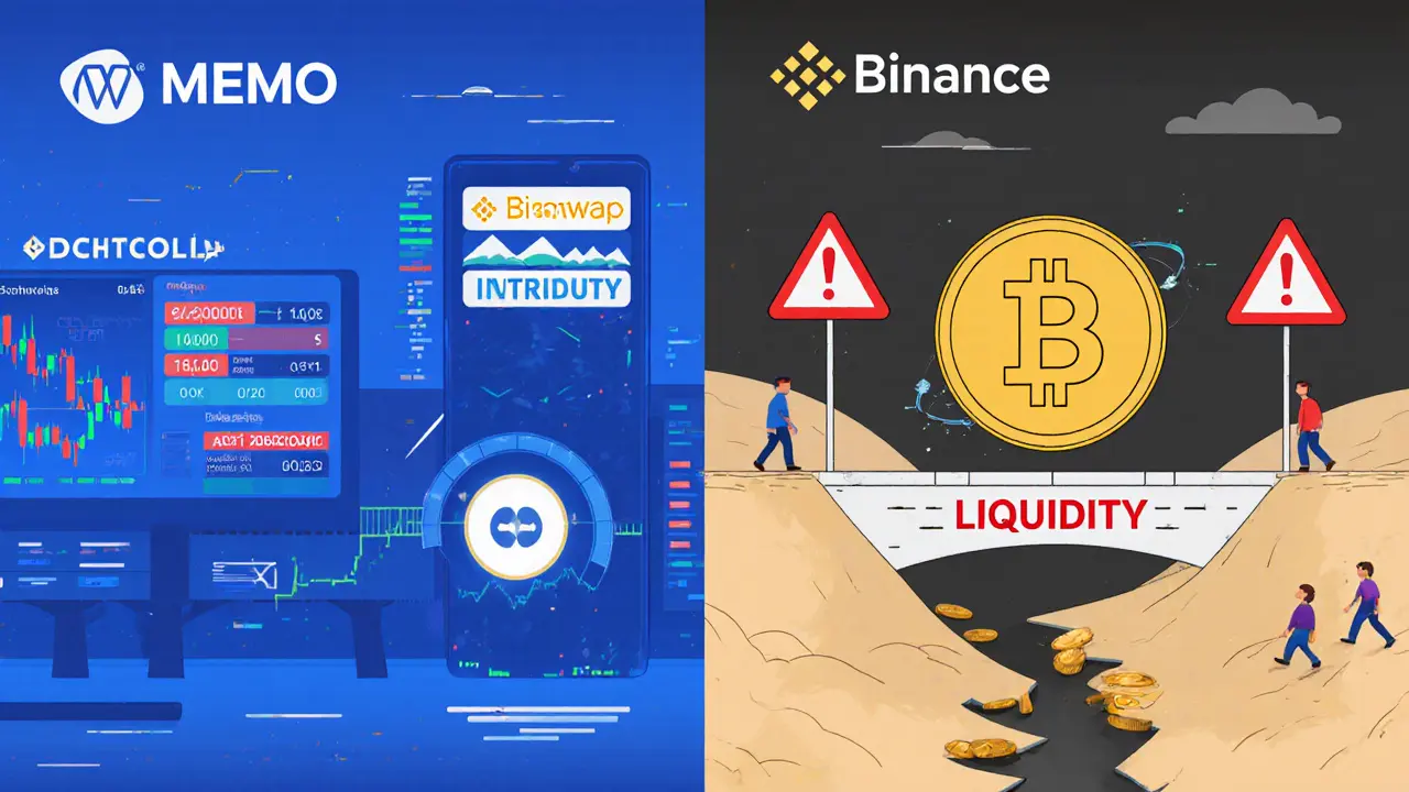 Vergleich: MEMO mit hoher Liquidität vs. WMEMO in einer leeren, illiquiden digitalen Landschaft.