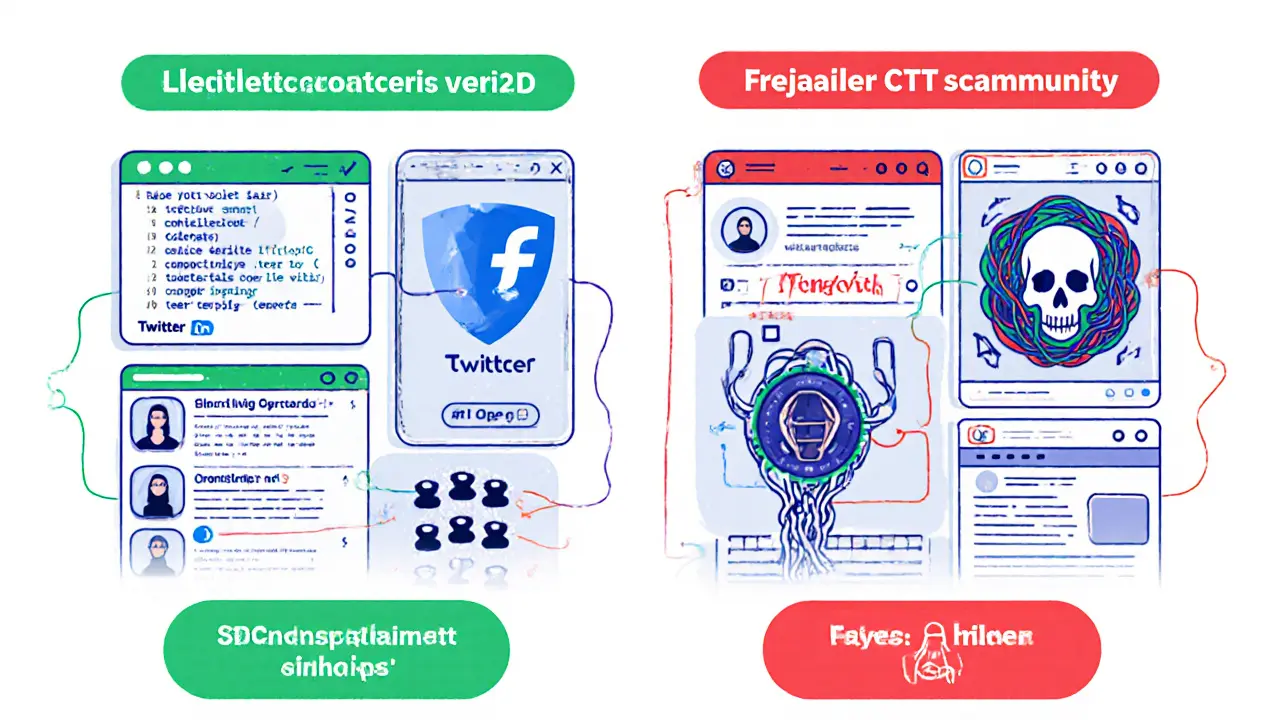 Vergleich zwischen legitimer Airdrop-Transparenz und betrügerischen CTT-Scam-Elementen in technischer Darstellung.
