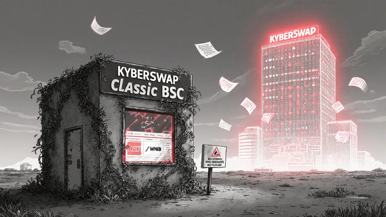 Verlassenes digitales Gebäude von KyberSwap Classic, überwuchert von veralteten Code-Schlangen, während die moderne Multi-Chain-Plattform leuchtet.
