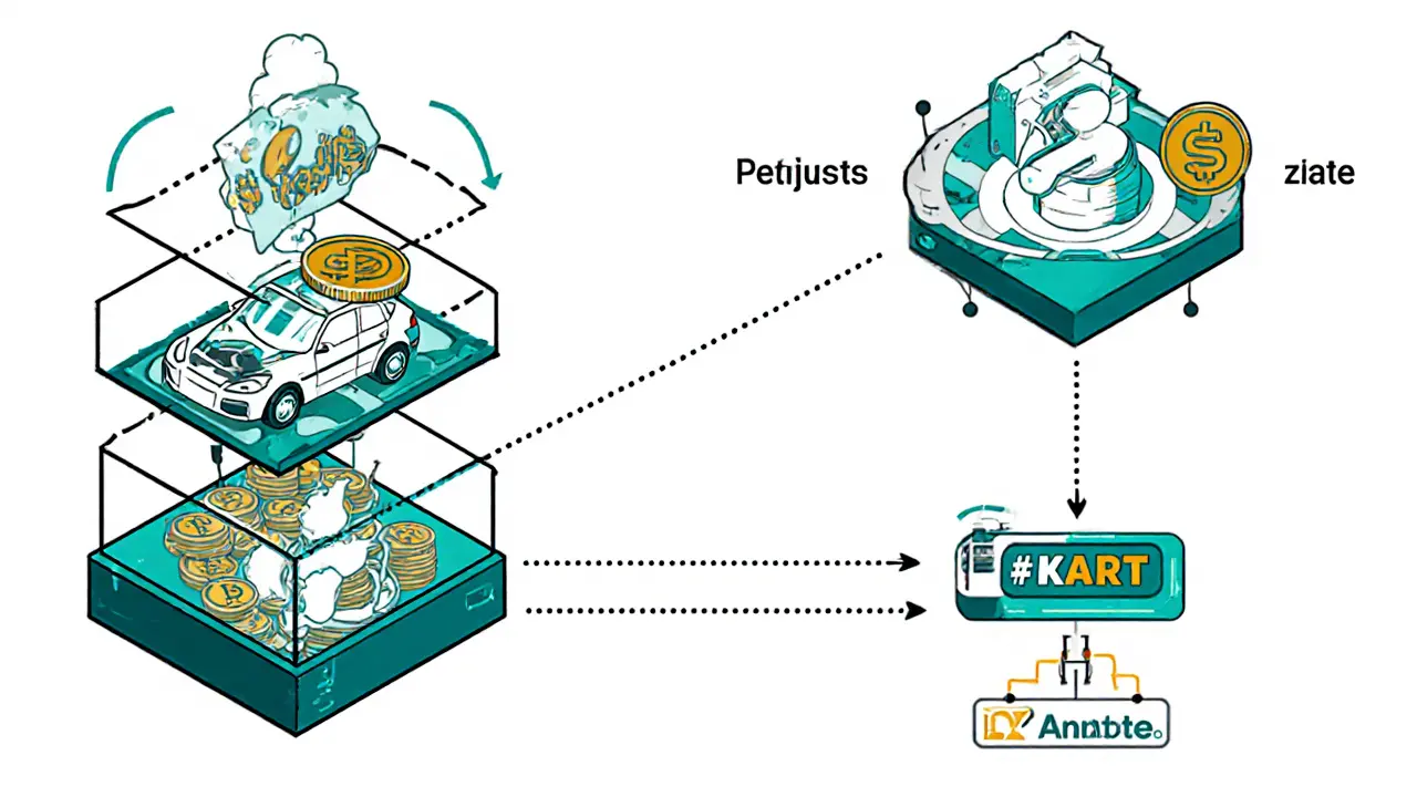 Zwei Systeme: In-Game-POINTS werden zu Cosmetics, während $KART-Token zu Börsen fließen – technische Darstellung der Wirtschaft.