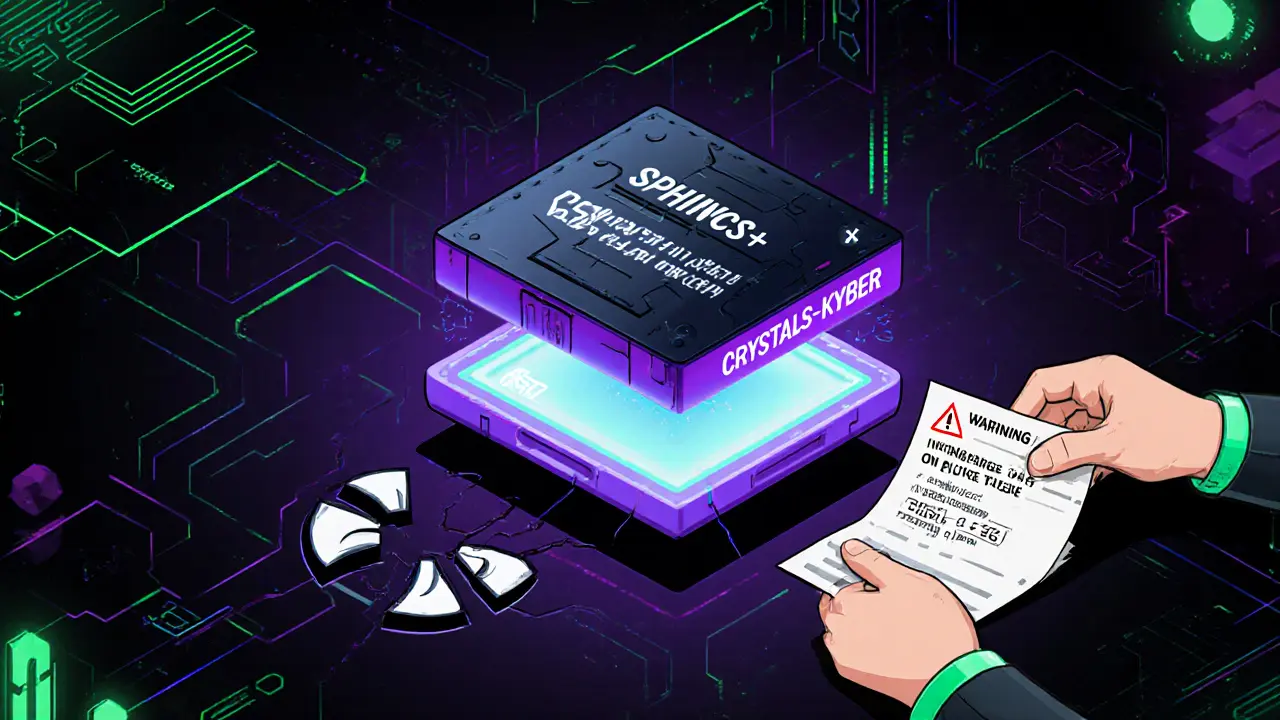 Zweischichtige Wallet mit quantenresistenter Außenschicht und AES-Innenschicht, neben einem Papier mit Seed-Phrase und Warnhinweis.