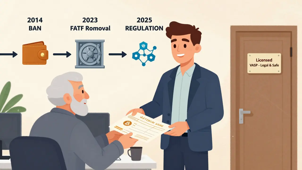 A young business owner hands a Bitcoin receipt to an elderly customer in a licensed exchange office.