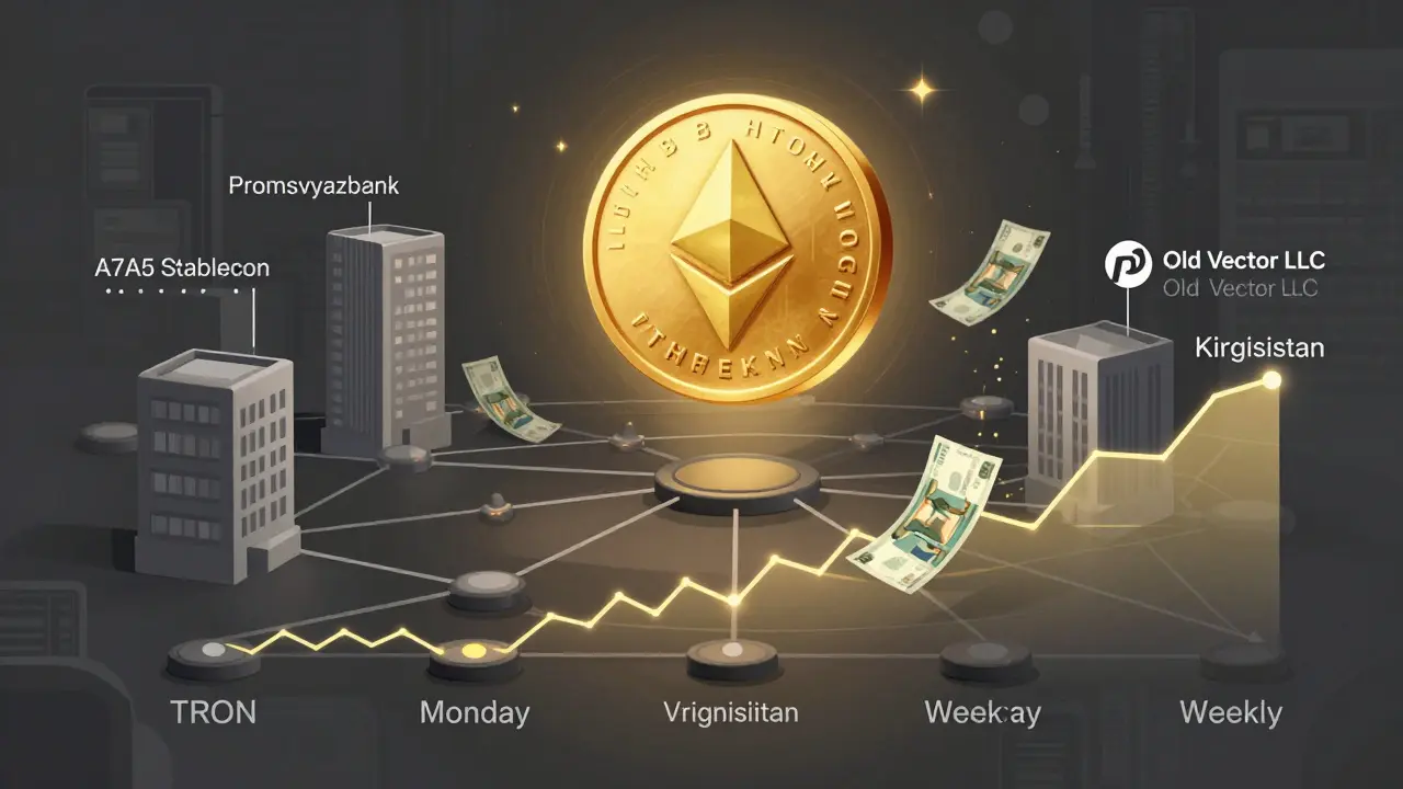 A7A5-Stablecoin als goldenes Token, verbunden mit Blockchain-Netzwerken und russischen Banken außerhalb der Sanktionszone.