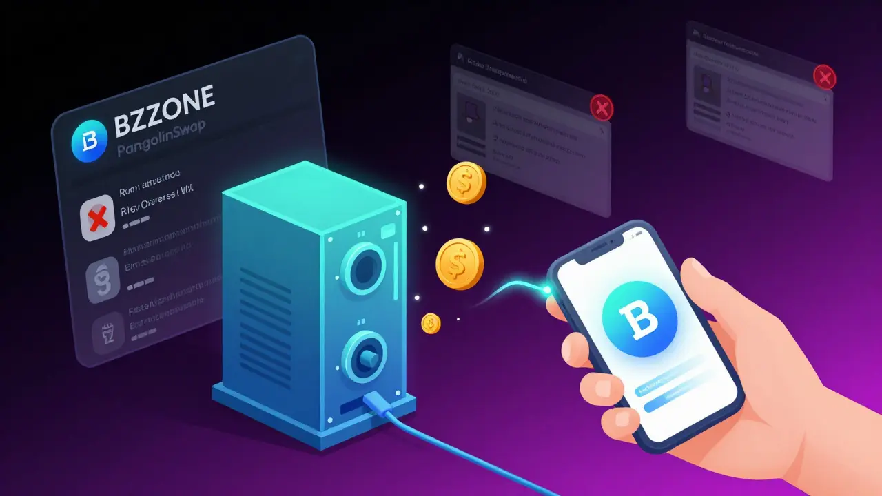 Benutzer verbindet Wallet mit PangolinSwap, während BZZONE-Token entstehen und betrügerische Airdrop-Seiten verschwinden.