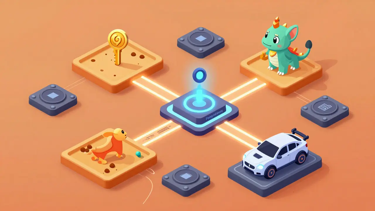 BZZONE-Token öffnen NFT-Assets in einer virtuellen Welt: Land, Kreatur und Fahrzeug, verbunden über ein Blockchain-Netzwerk.