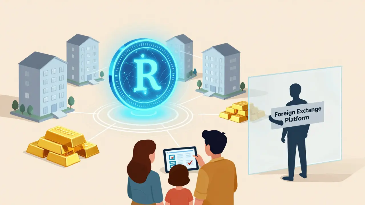 Digitale Lira auf Blockchain, tokenisierte Immobilien und Gold – ausländische Plattformen durch eine Barriere abgegrenzt.