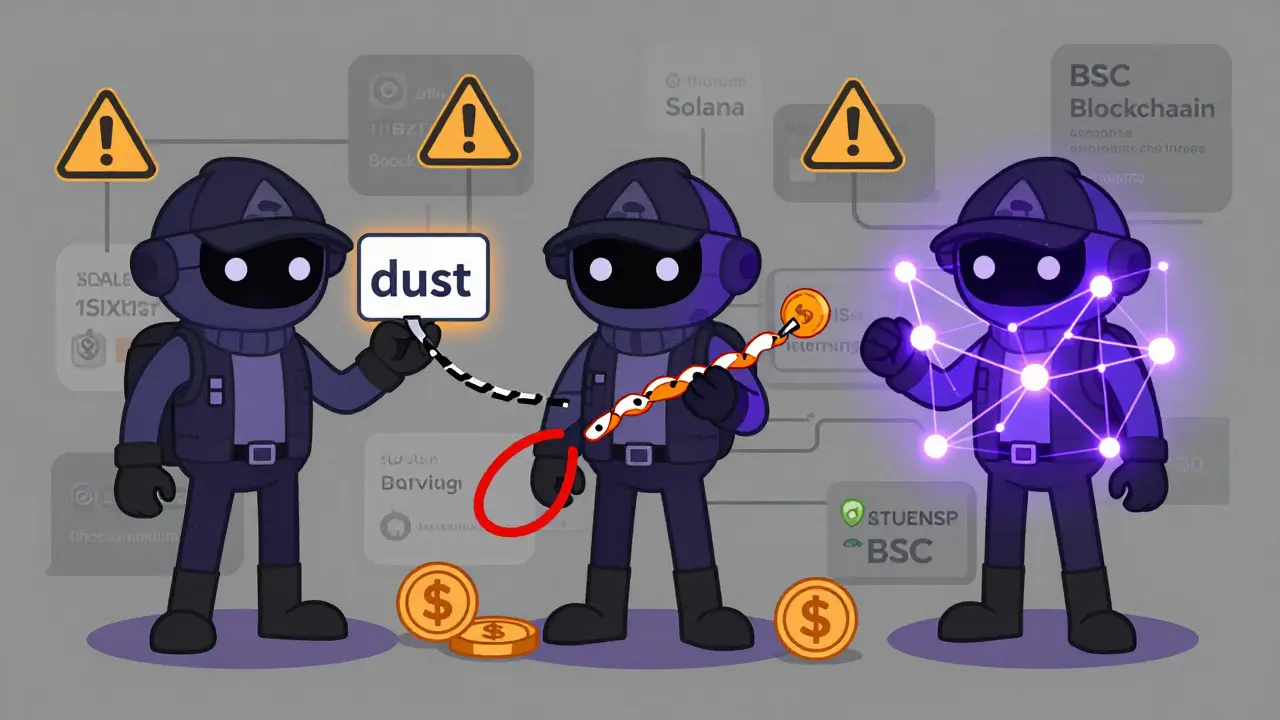 Drei KI-Detektive analysieren Transaktionsmuster: Dust, Peel Chain und neuronales Netzwerk.