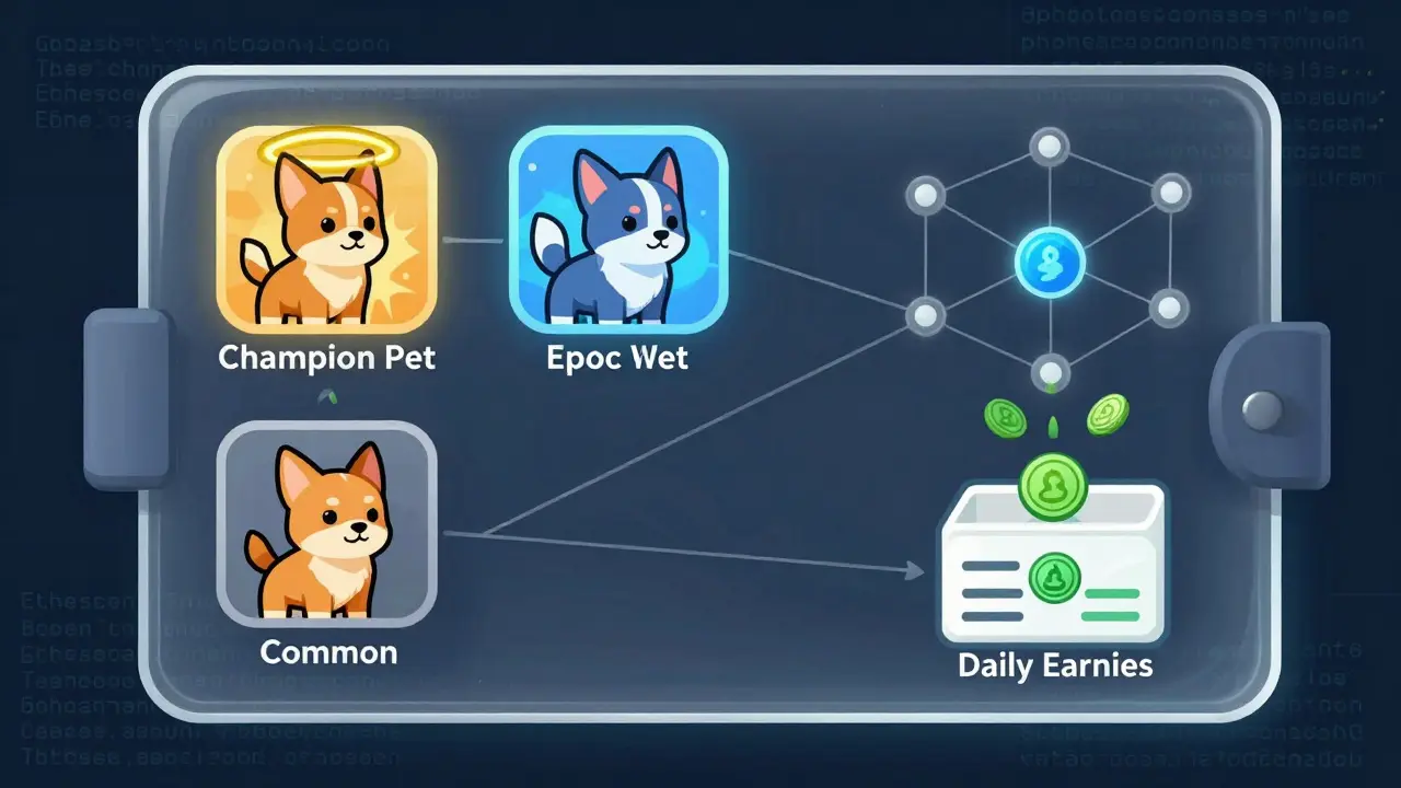 Drei NFT-Pets in einer Wallet-Ansicht mit täglichen IGUP-Token-Strömen und Blockchain-Daten im Hintergrund.