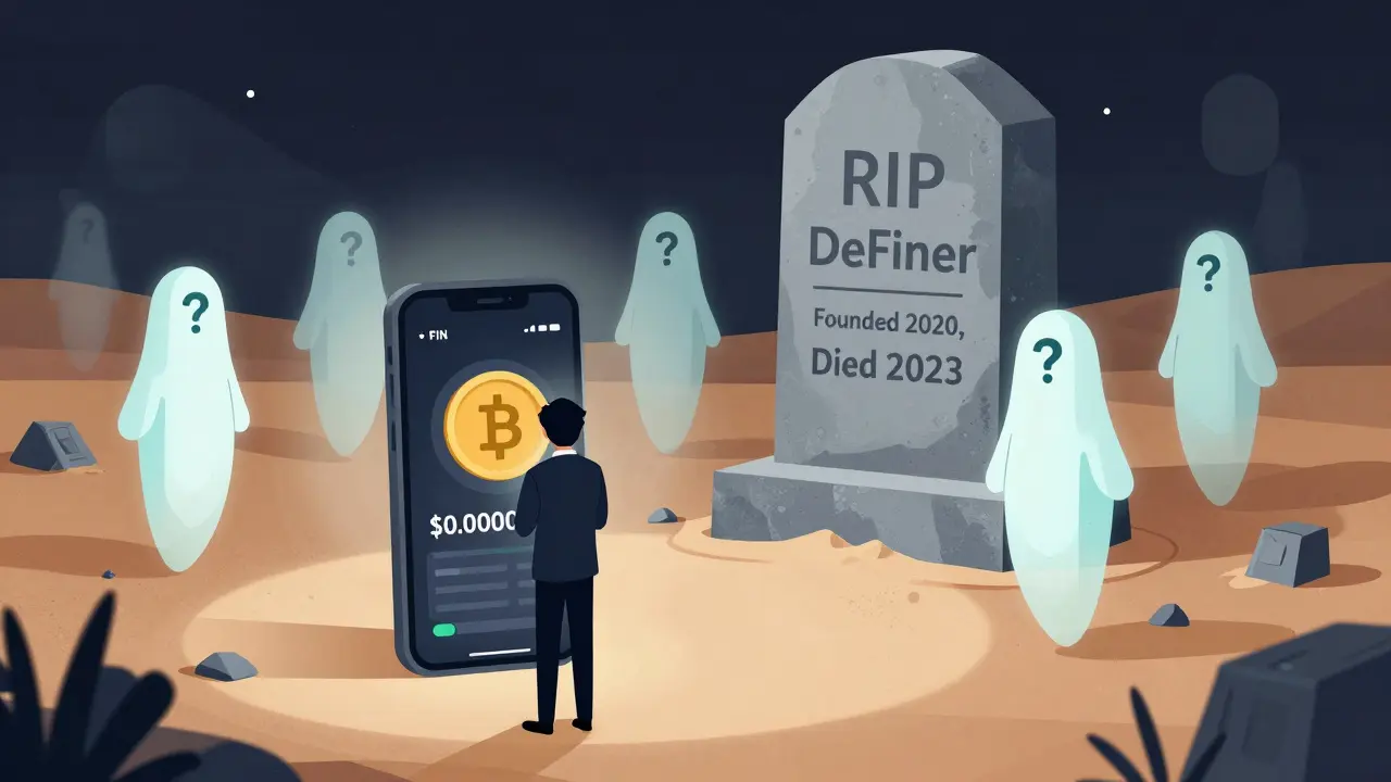 Ein Anleger blickt auf einen fast wertlosen FIN-Token, umgeben von Geistern vergangener Investoren und einem Grabstein.