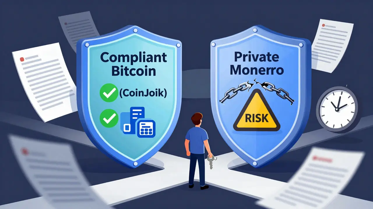 Ein Nutzer entscheidet zwischen regulierter Privatsphäre und riskanten anonymen Kryptowährungen.