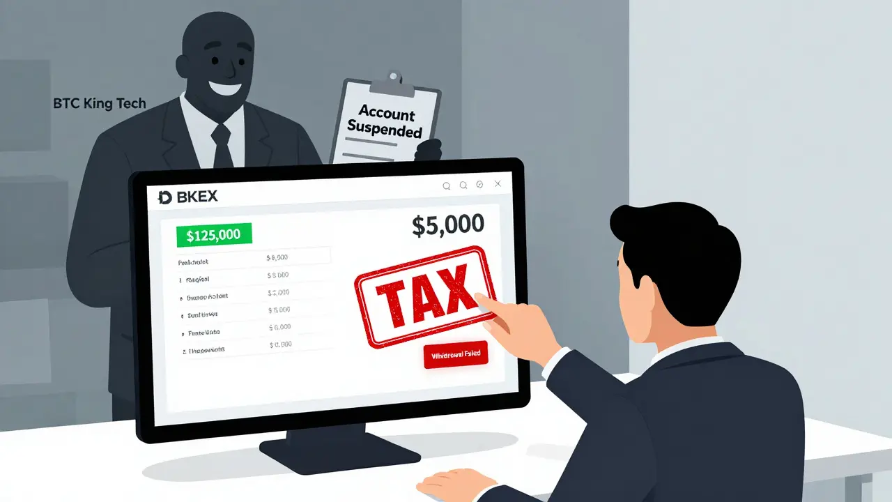 Ein Nutzer versucht, Geld abzuheben, wird aber von einer gefälschten Steuerforderung blockiert, während der Betreiber hinter Glas lächelt.