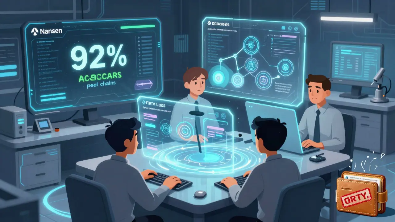 Forensik-Labor mit Hologrammen von Blockchain-Tools, die kriminelle Transaktionen aufspüren.