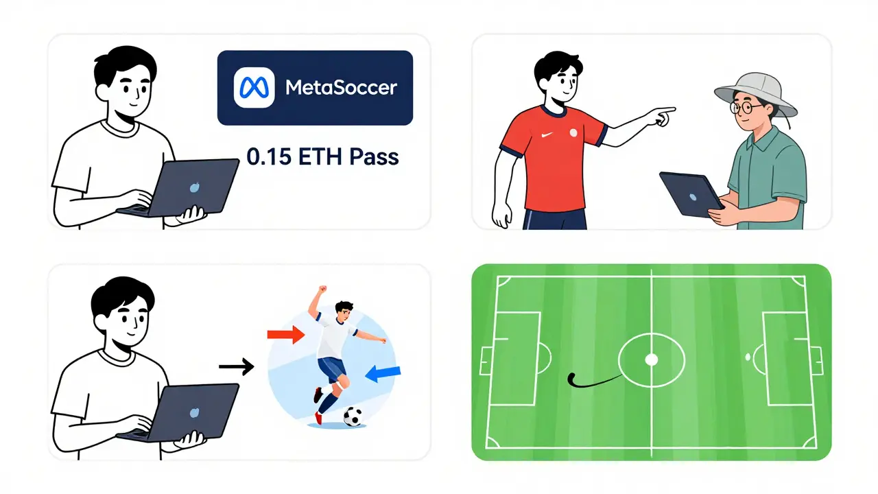 Four-step technical illustration of connecting a wallet, buying a pass, choosing players, and playing a tactical match.