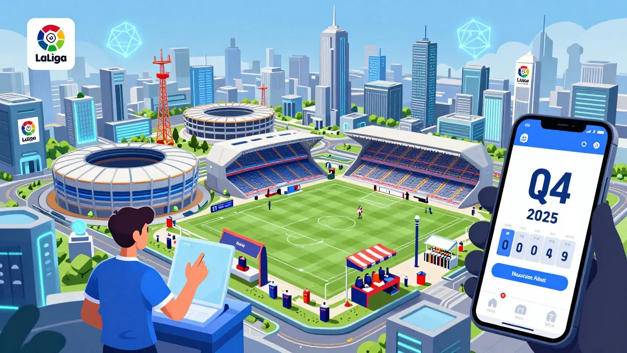 Futuristic MetaSoccer City with stadiums, merch stands, and a mobile app countdown, set on a blockchain foundation.
