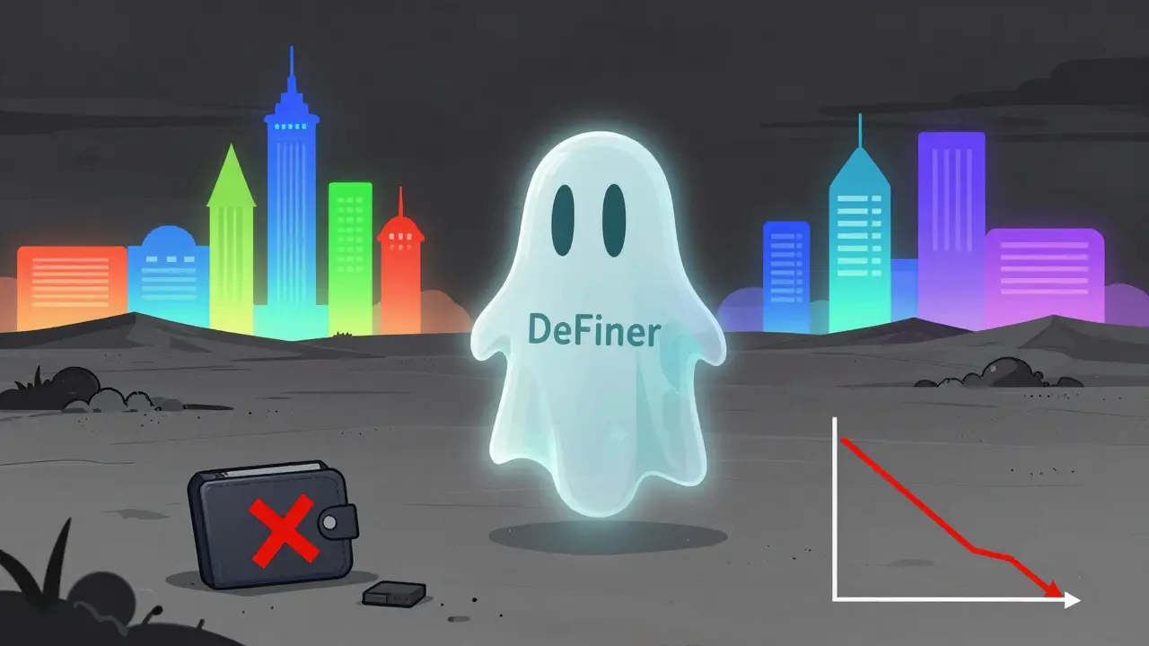 Geisterhafter FIN-Token in einer leeren DeFi-Landschaft, während andere Projekte wie Aave leuchten.