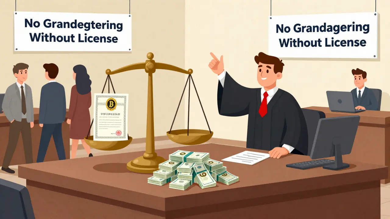 Gerichtssaal mit MiCA-Lizenz und Geldstrafe, Kunden verlassen ein geschlossenes Krypto-Unternehmen.