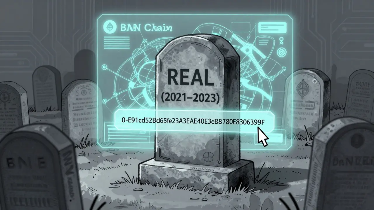 Grabstein für den toten Crypto-Token REAL in einem digitalen Friedhof mit BNB-Chain-Hintergrund.