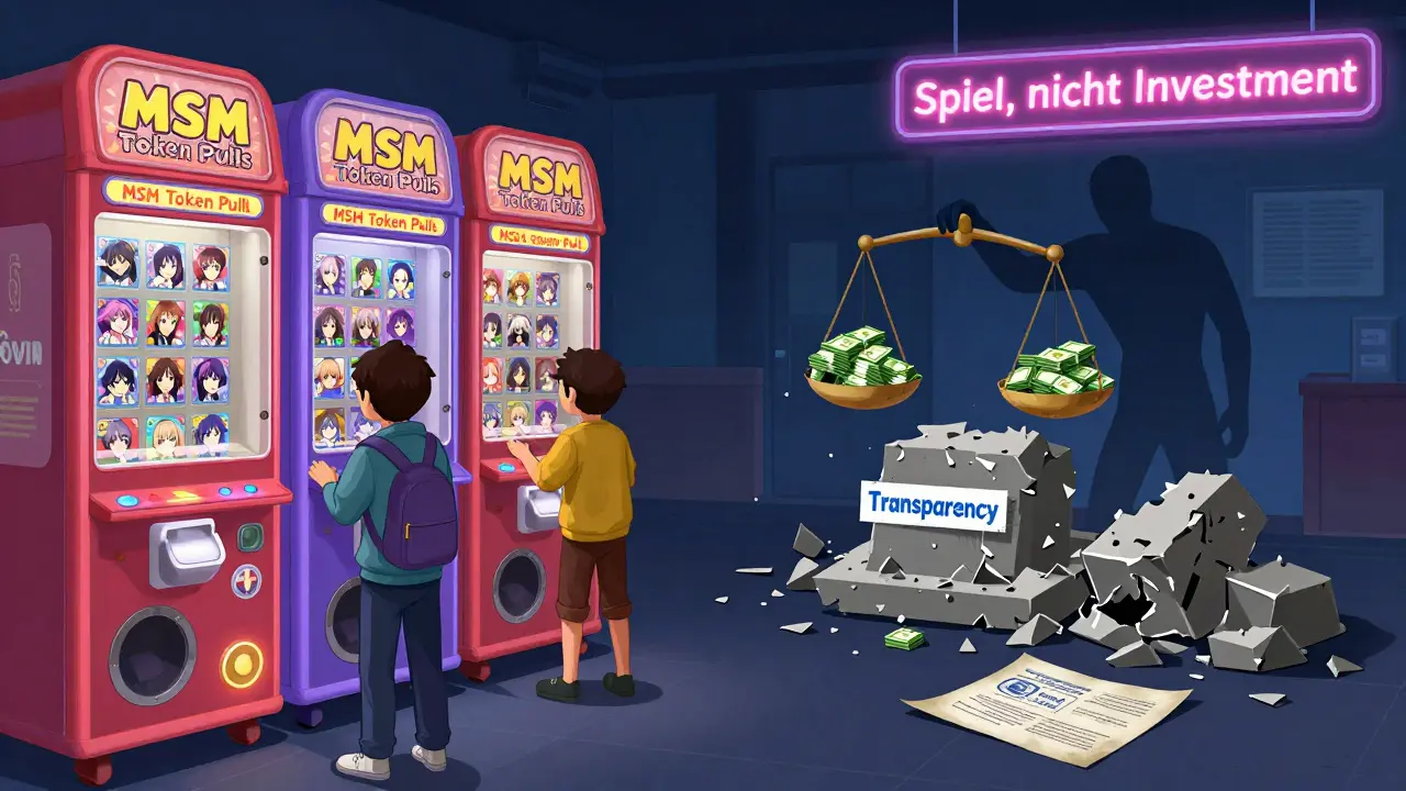 Japanische Arcade mit Gacha-Maschinen für MSM-NFTs, während Transparenz zusammenbricht.