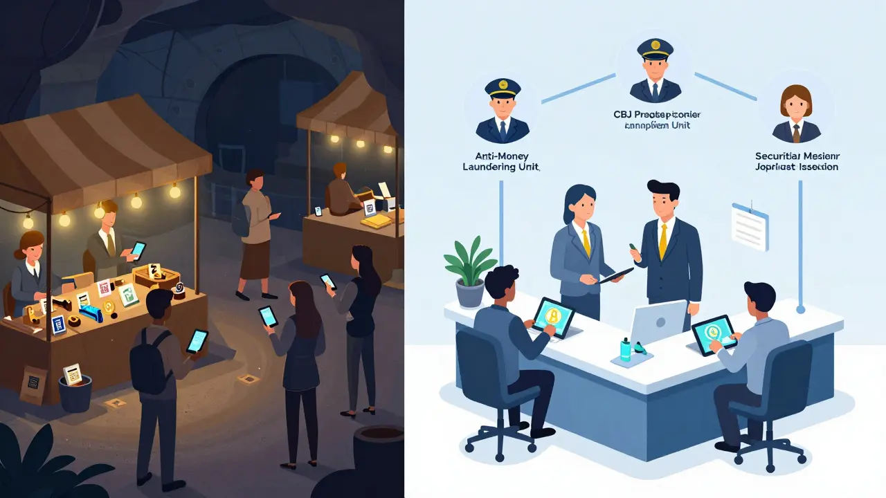 Kontrast zwischen illegalem Krypto-Handel und reguliertem Umtausch in einer jordanischen Bank.