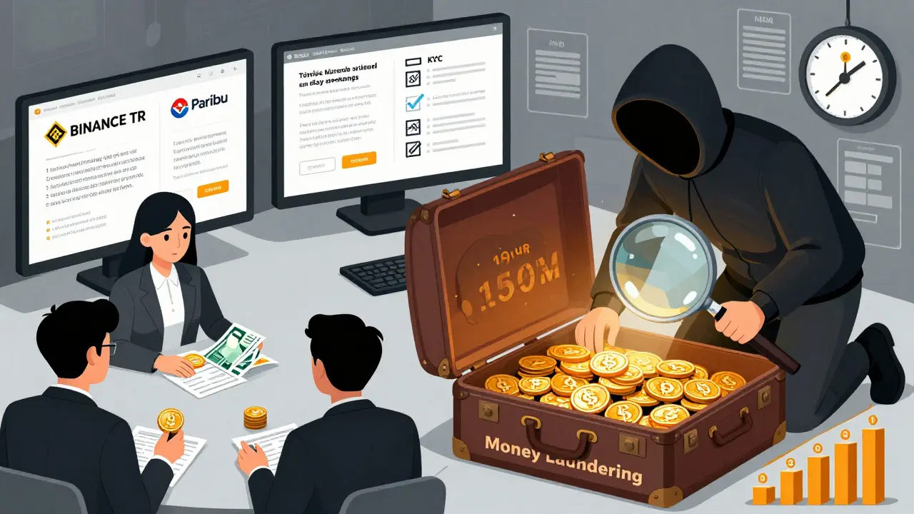 Lizenzierte Krypto-Börse links, Geldwäscheversuch rechts – mit KYC- und Kapitalanforderungen als technische Symbole.