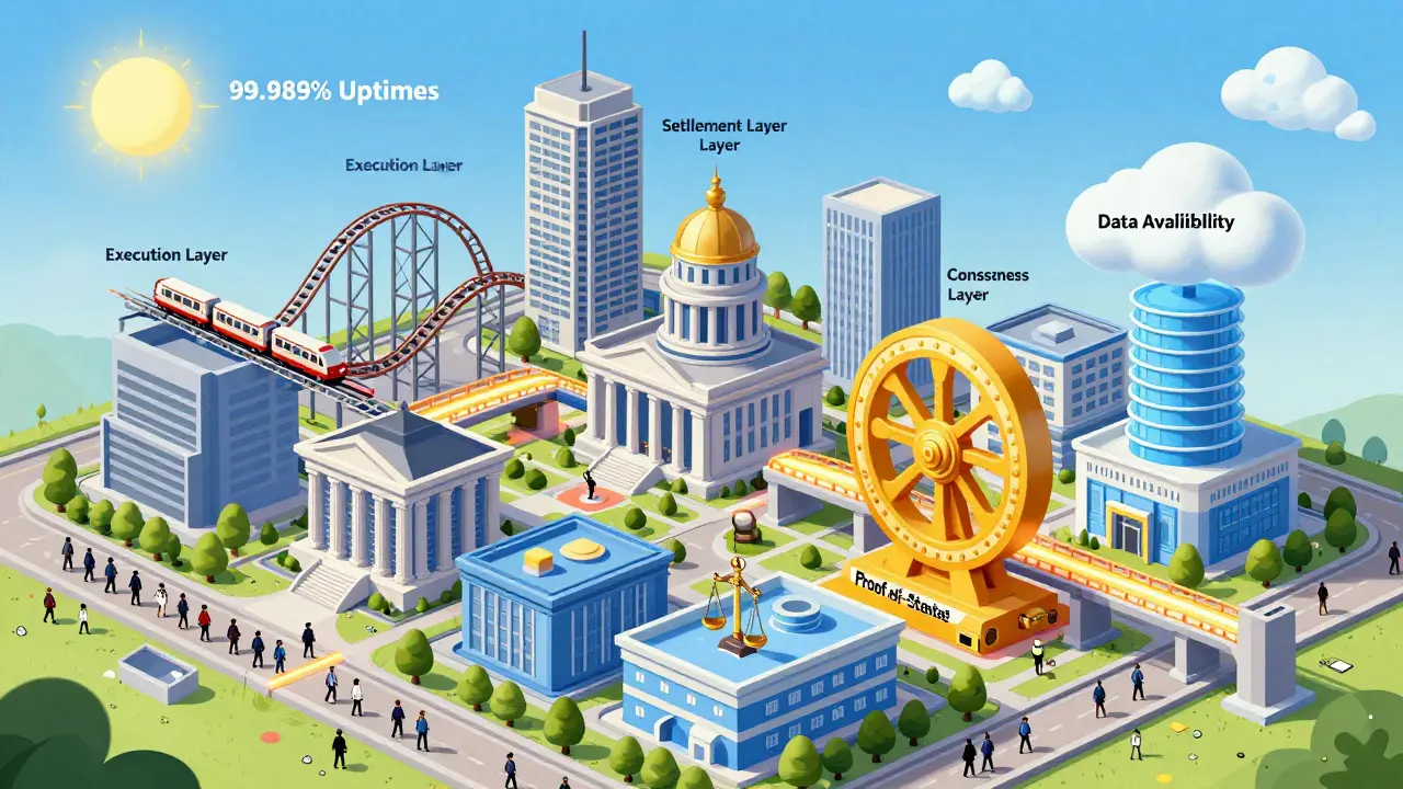 Modulare Blockchain als lebendige Stadt mit separaten Gebäuden für Ausführung, Konsens und Datenverfügbarkeit.