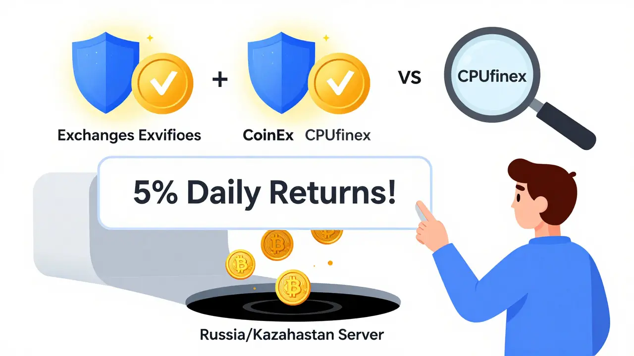 Nutzer fällt in eine Falle durch eine betrügerische Krypto-Anzeige, während echte Börsen sicher leuchten.