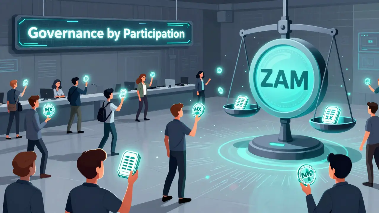 Nutzer stimmen mit MX-Token ab, um ZAM-Token zu gewinnen, auf einer digitalen Börse.