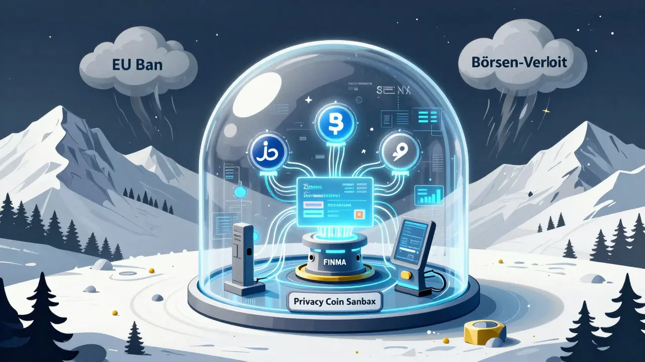 Schweizer Sandbox mit Monero- und Zcash-Knoten unter einem Glasdom, verbunden mit Zero-Knowledge-Beweisen, während regulatorische Wolken abziehen.