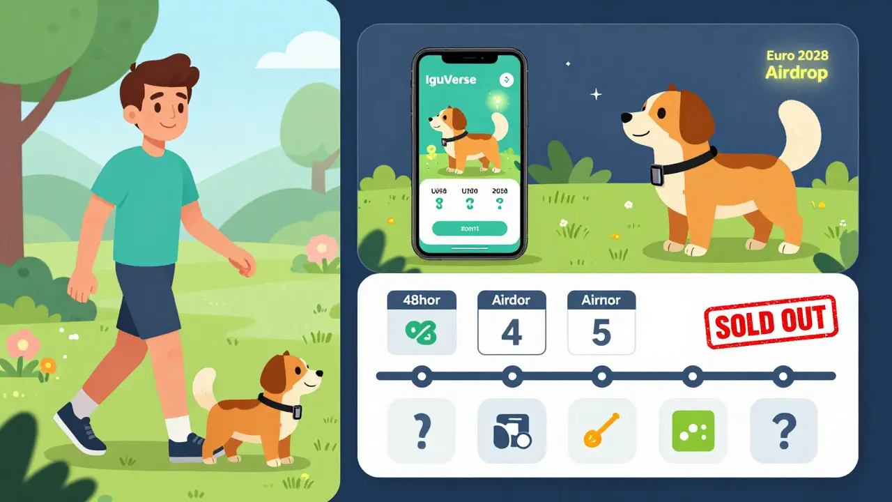 Split-Szene: Nutzer läuft mit Pet, während das Pet in der App aufsteigt, mit Airdrop-Enddatum und zukünftigem Event-Hinweis.
