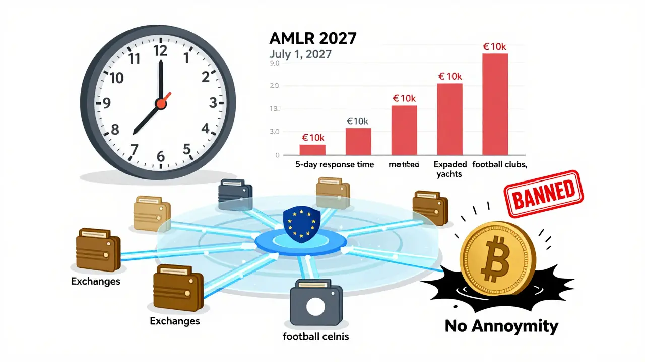 Technische Illustration: EU-Finanznetzwerk mit AMLR 2027-Zeitlimit und verbotenen anonymen Coins.