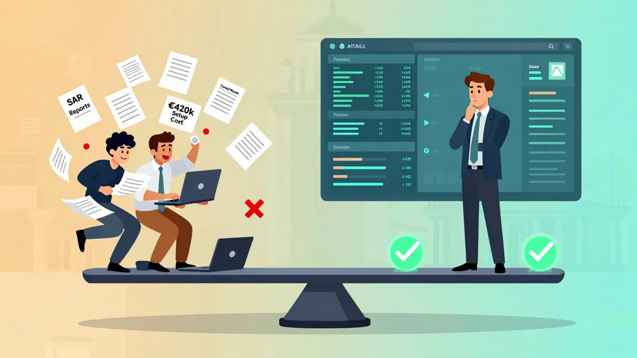 Technische Illustration: Kleines Startup gegen große Institution im Wettbewerb um Compliance-Erfüllung.