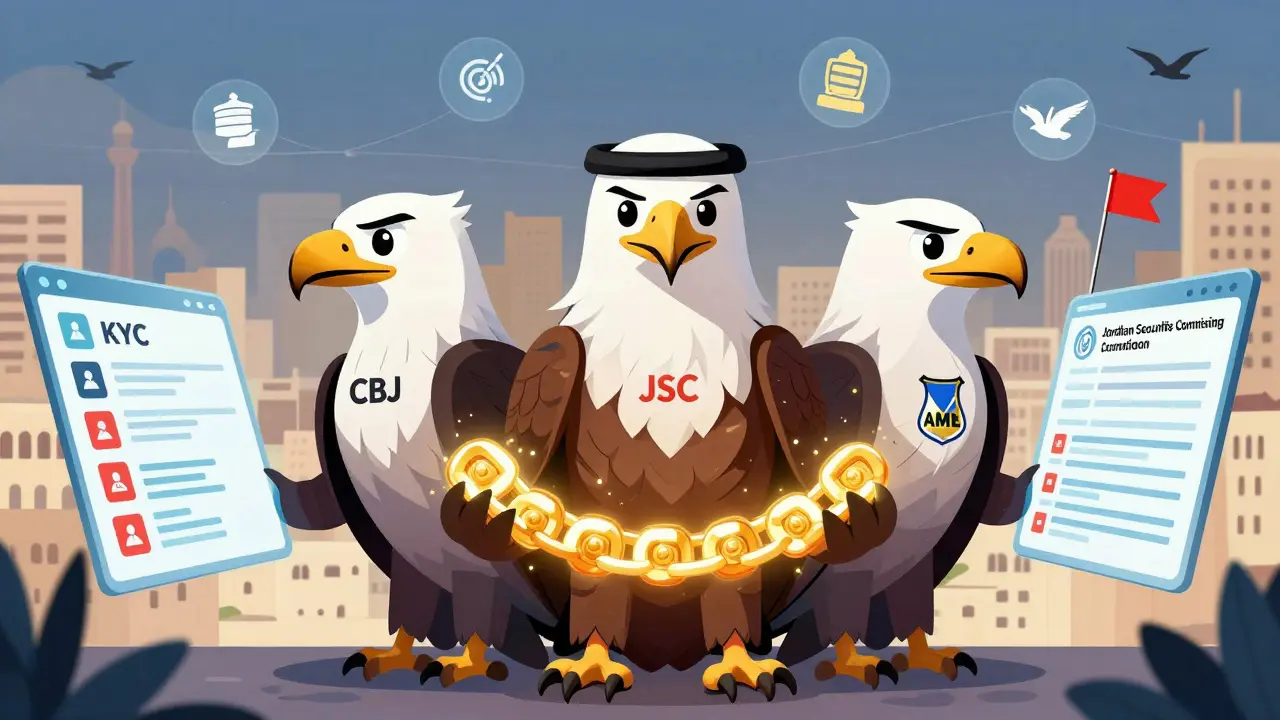 Three regulatory bodies monitoring crypto transactions with blockchain visuals in a stylized eagle form.