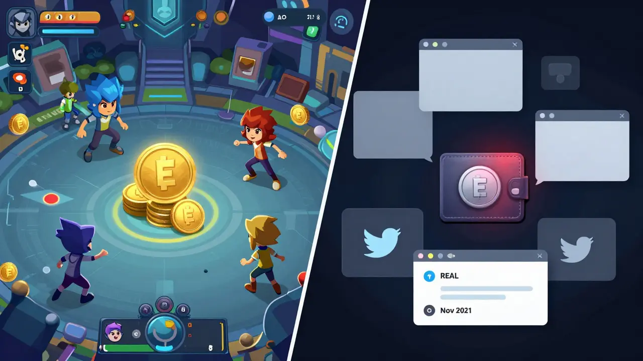 Vergleich: Aktives Blockchain-Spiel links, einsame REAL-Wallet in der Dunkelheit rechts.