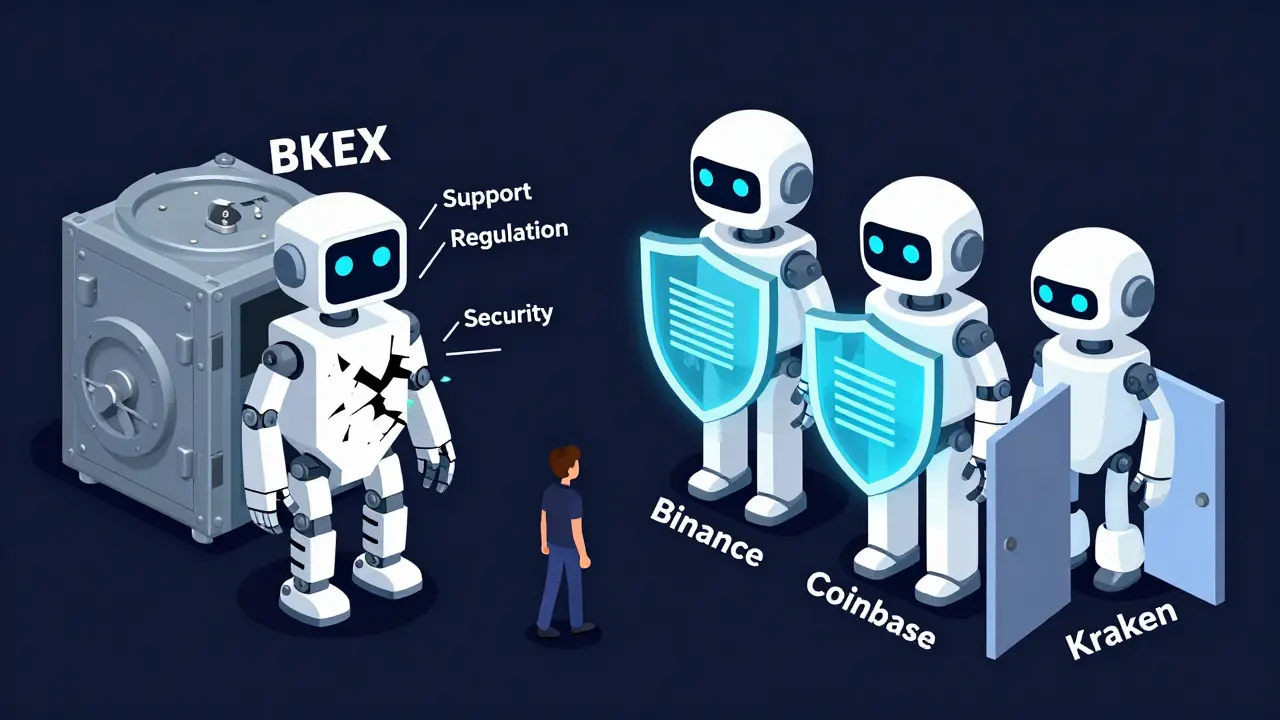 Vergleich: Eine kaputte Börse mit fehlenden Sicherheiten steht neben drei sicheren, regulierten Kryptobörsen mit offenen Türen und Schutzschildern.