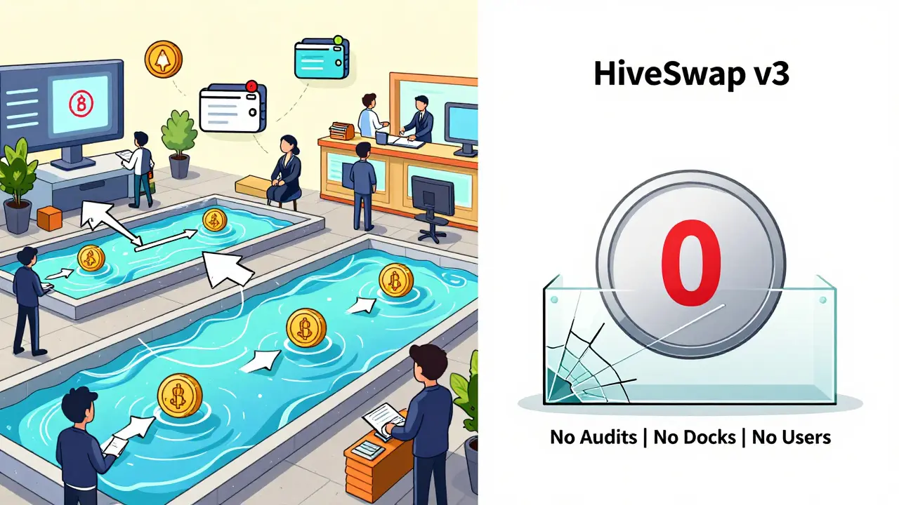 Vergleich: Eine lebendige DEX auf der linken Seite, HiveSwap v3 als leeres, rotes Feld auf der rechten Seite.